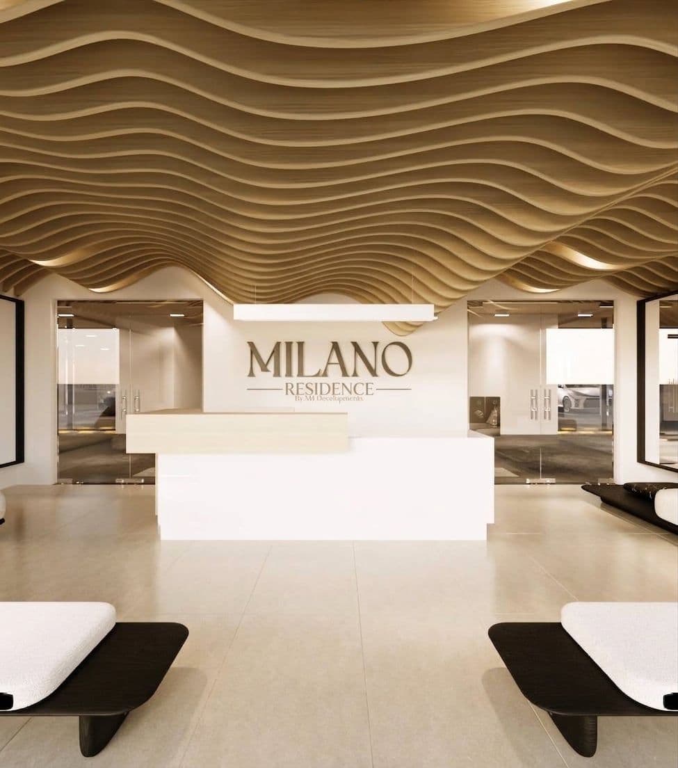 Reception lobby with sculpted timber ceiling